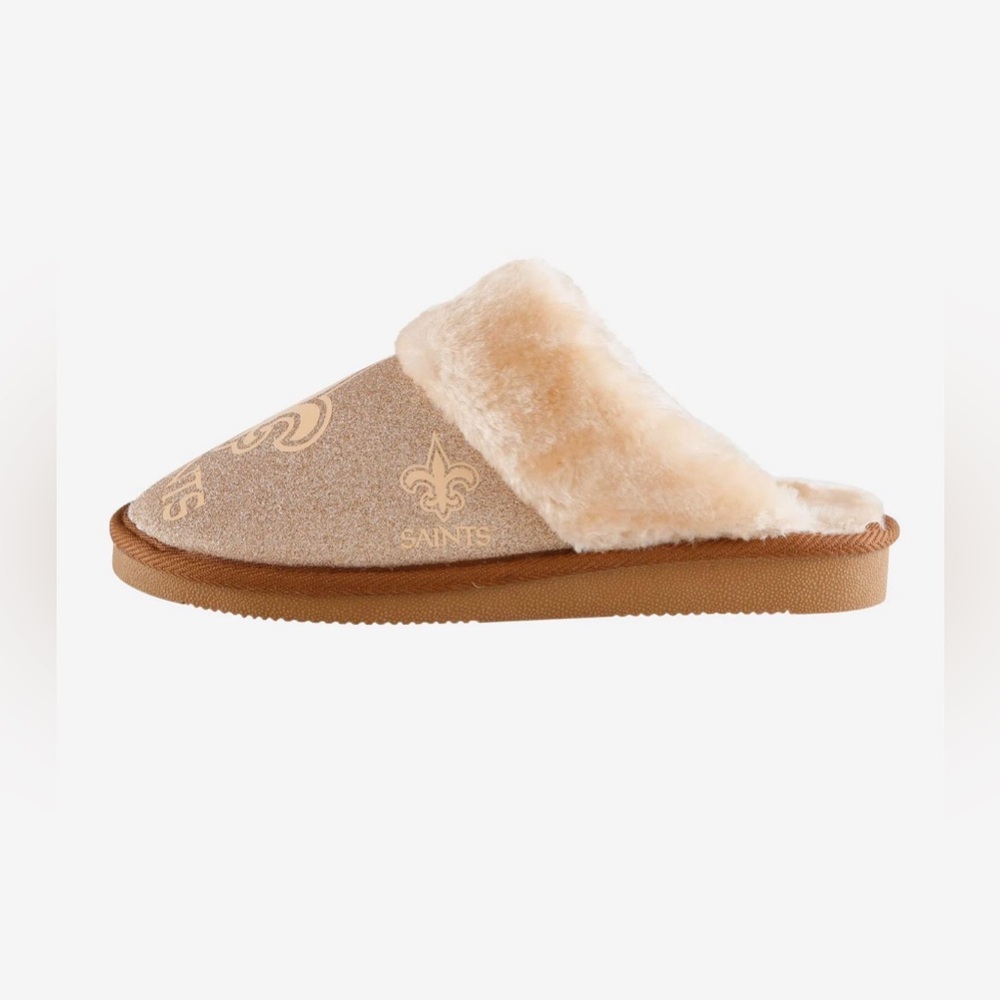 FOCO New Orleans Saints Womens Glitter Open Back Fur Moccasin Slippers L (9-10)